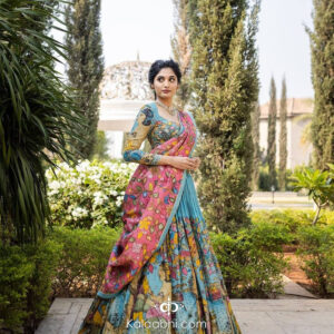 sky blue & rose madder hand painted kalamkari lehenga set