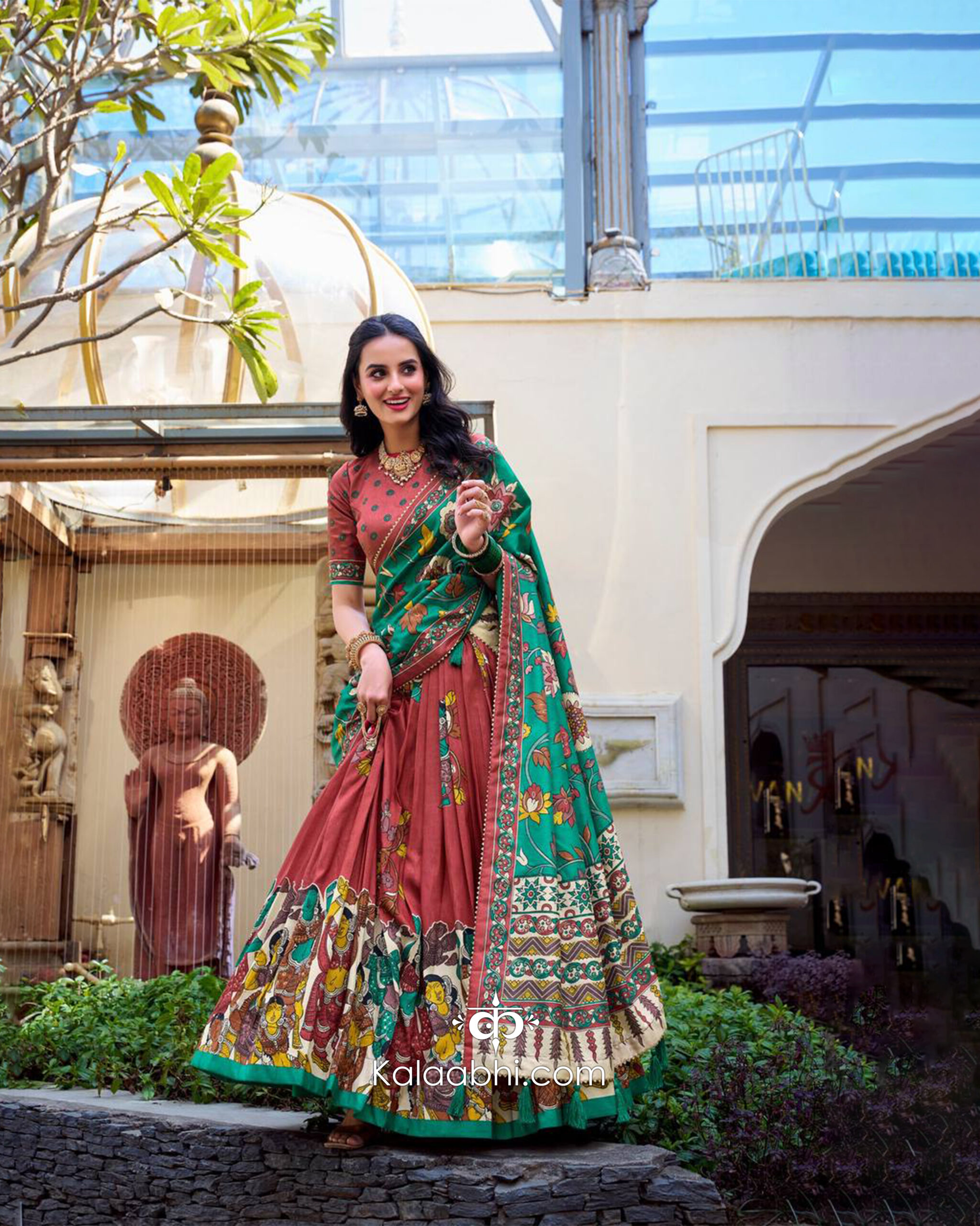 terracotta & emerald green kalamkari lehenga set