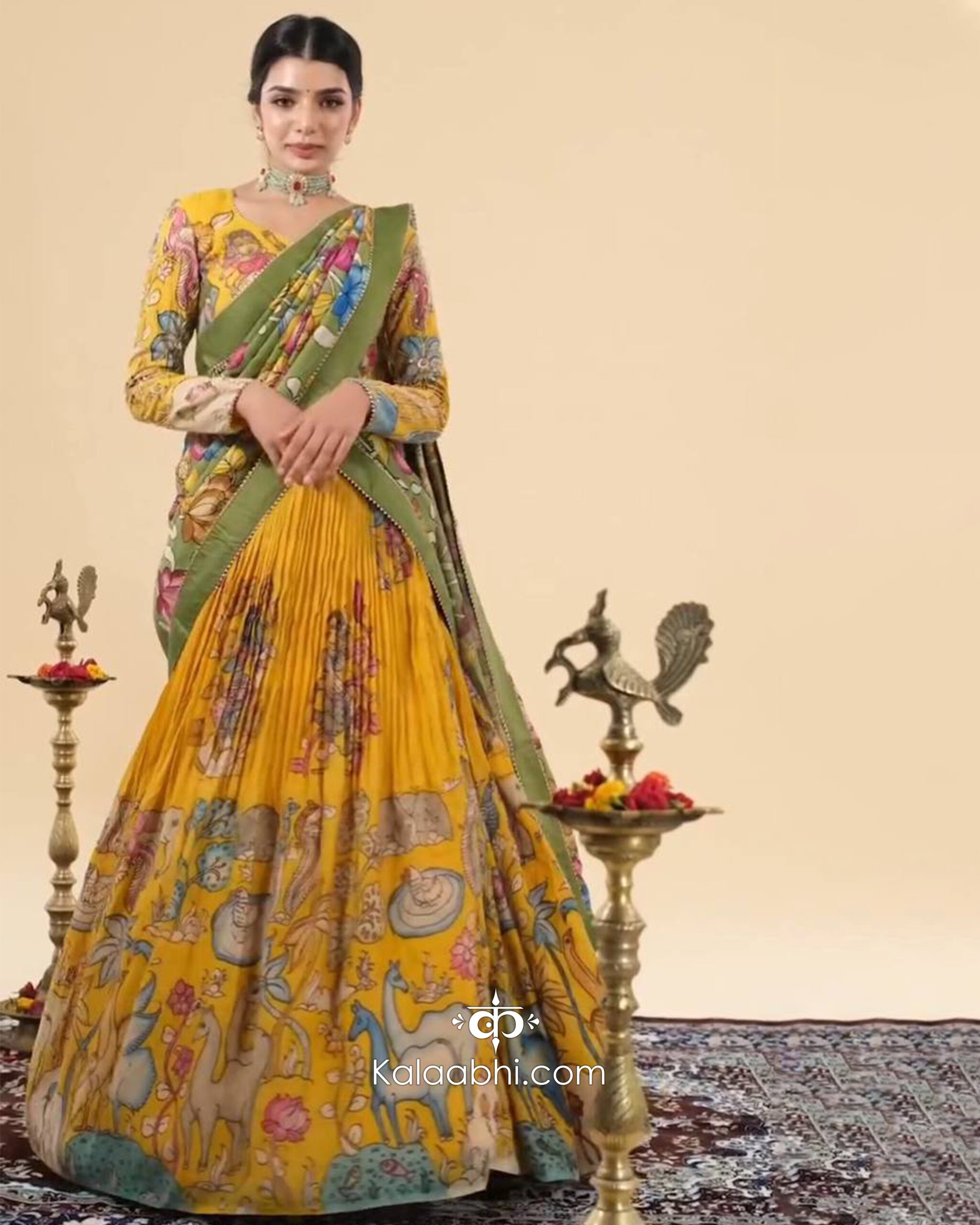mustard yellow & forest green heritage kalamkari lehenga set
