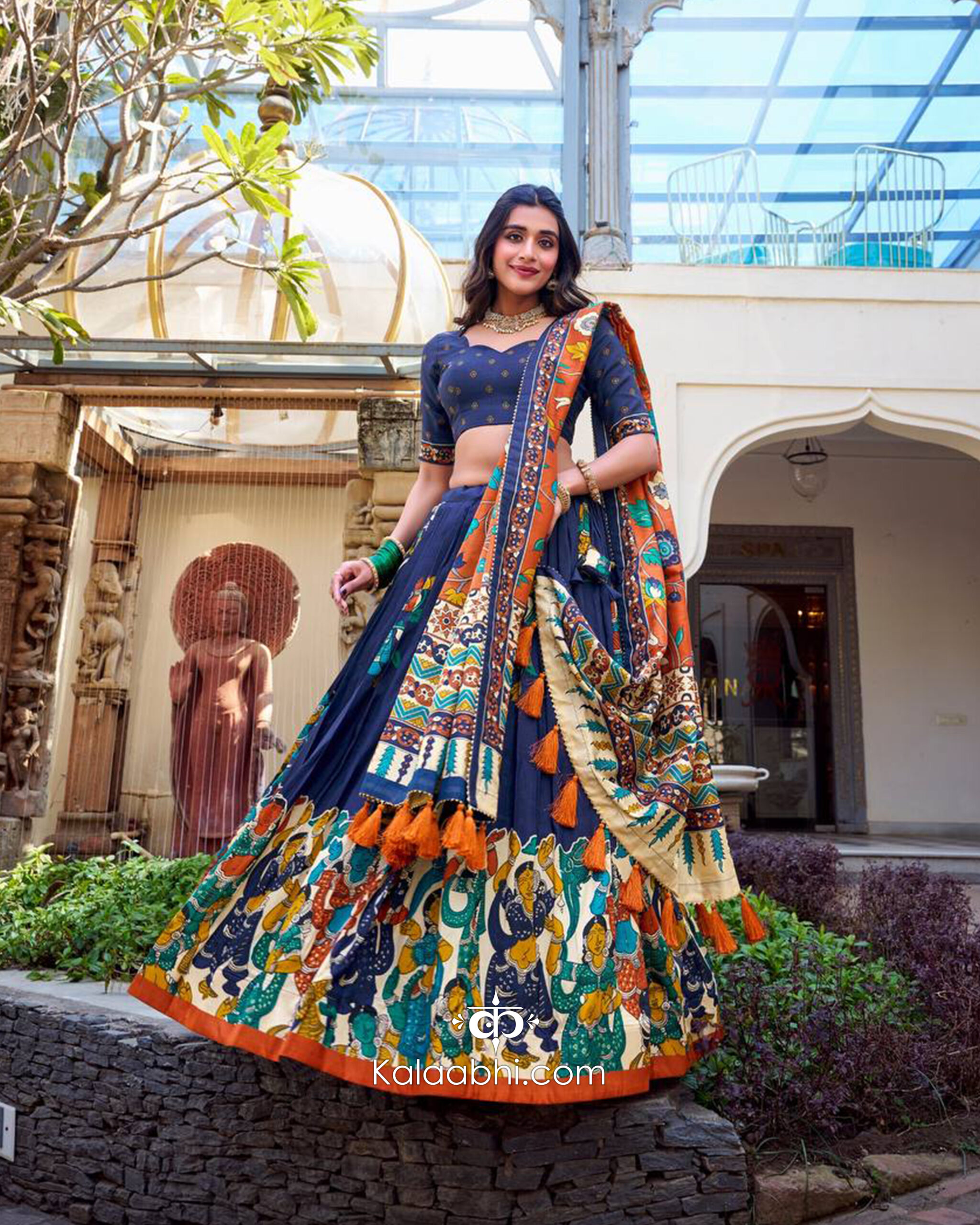 midnight navy & rust orange kalamkari lehenga set midnight navy & rust orange kalamkari lehenga set