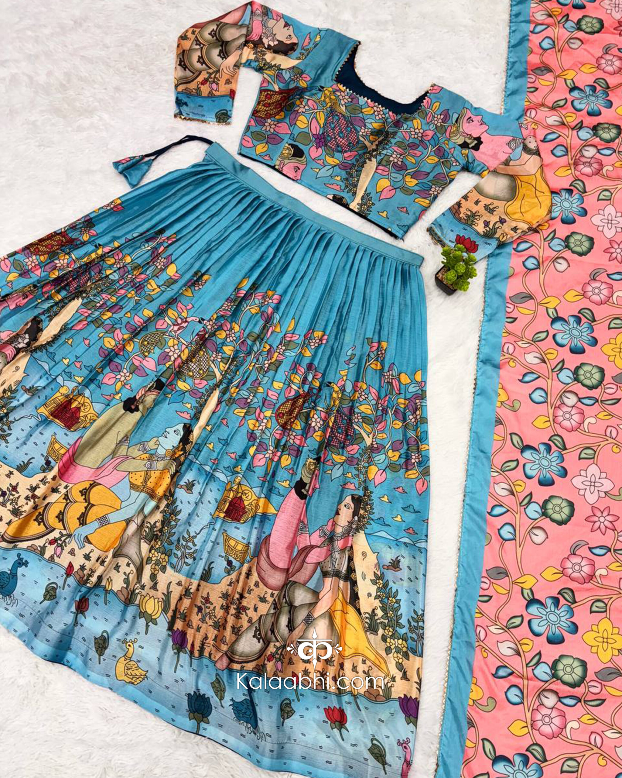 sky blue & rose madder hand painted kalamkari lehenga set sky blue & rose madder hand painted kalamkari lehenga set